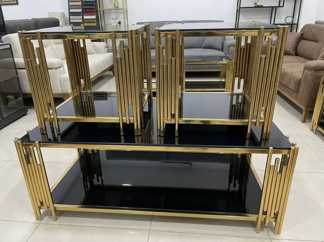 Ensemble Table Basse & 2 Bouts de Canapé en Métal Doré et Verre Fumé Noir (3 Pièces)