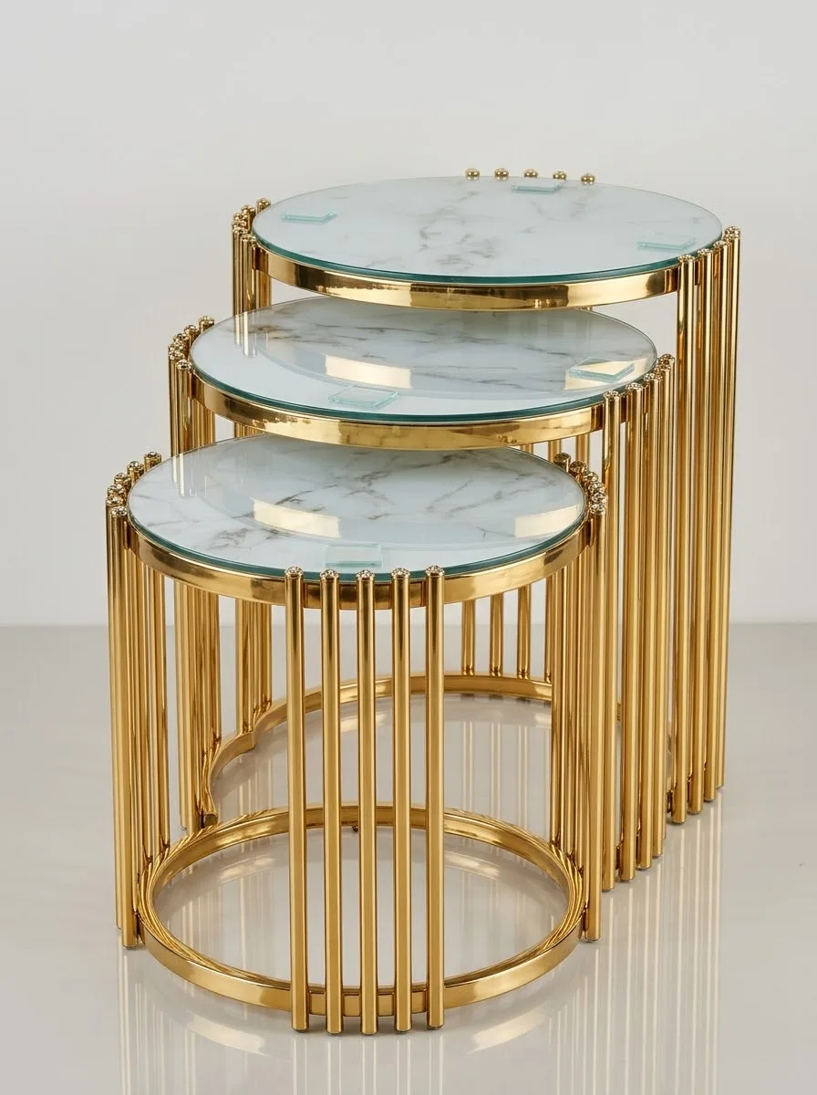 Tables Gigognes Design en Métal Doré & Verre Marbré
