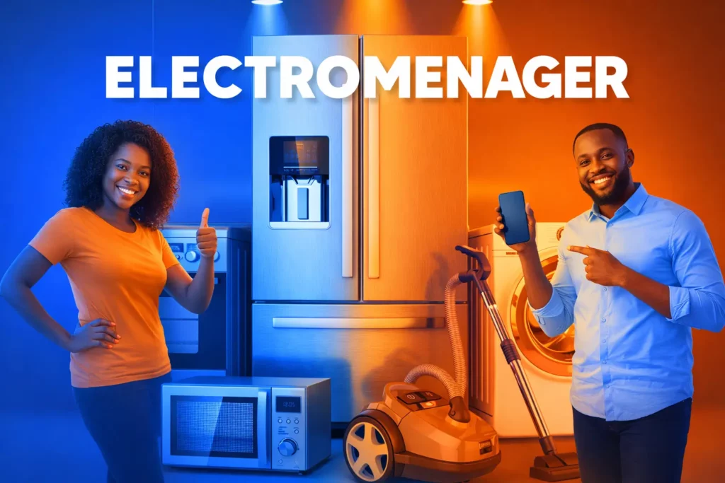 Bannière e-commerce d’électroménager avec réfrigérateur, machine à laver, four, micro-ondes et aspirateur, éclairés par un dégradé bleu et orange, entourés de deux personnes africaines souriantes présentant les produits sous le titre "ELECTROMENAGER".